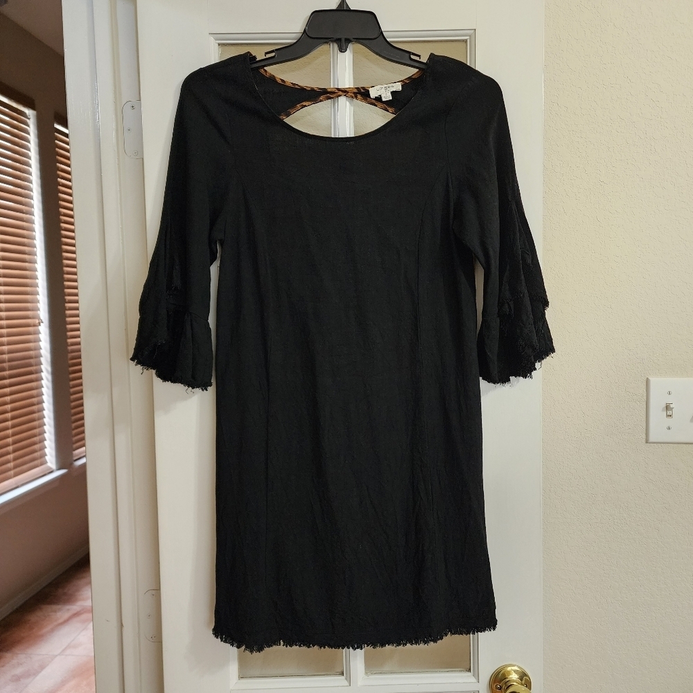 Umgee Leopard Print Linen Tunic Dress Boho Fringe Bell Sleeve Western Small
